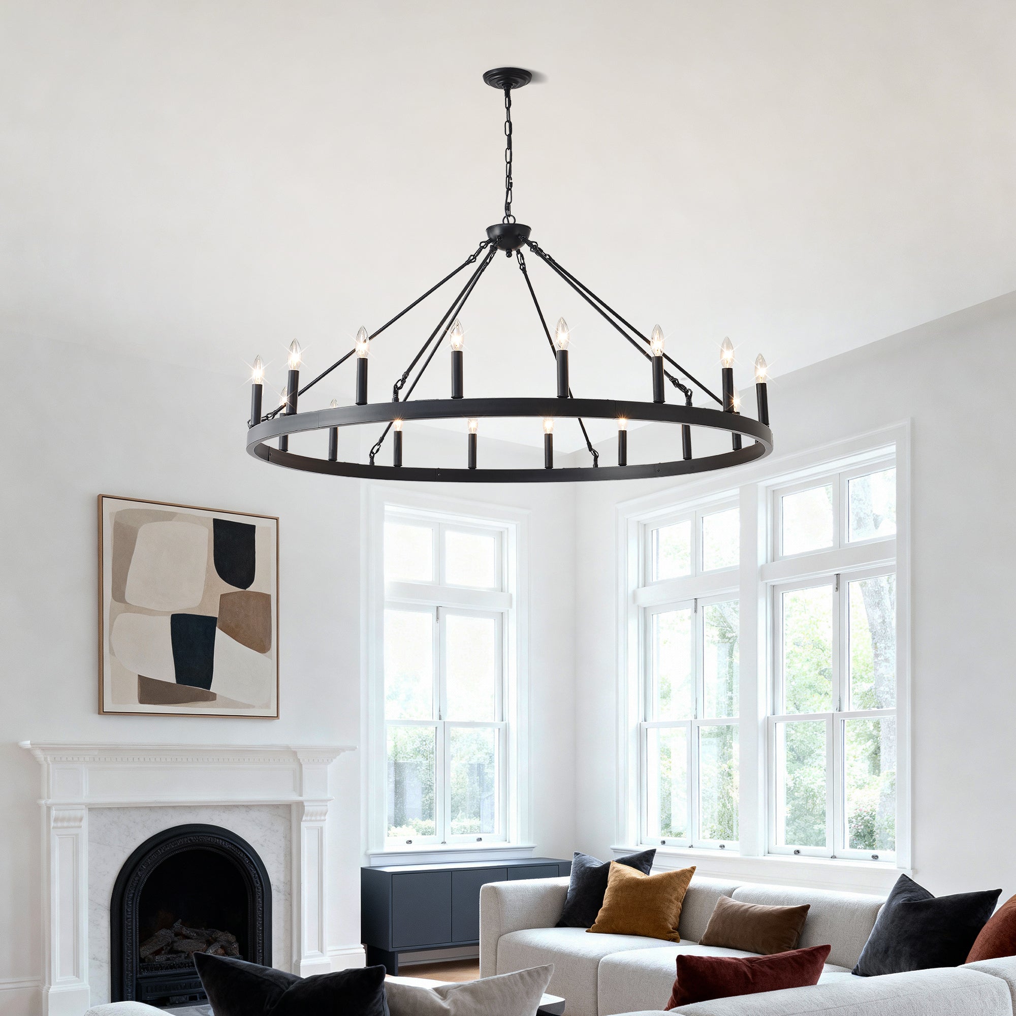 53.15 Inch Matte Black Wagon Wheel Chandelier with 18 Lights