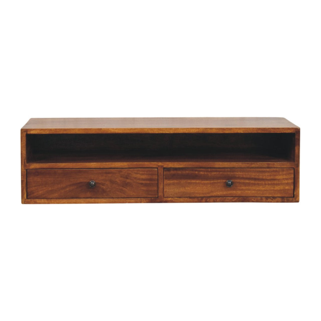 Solid Wood Lunar Wall-Mounted Media Unit, 2-Drawers, Chestnut