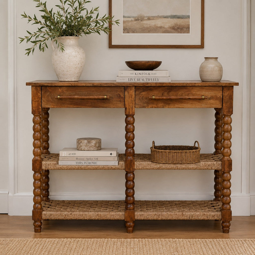 Solid Wood Spindle Woven Console