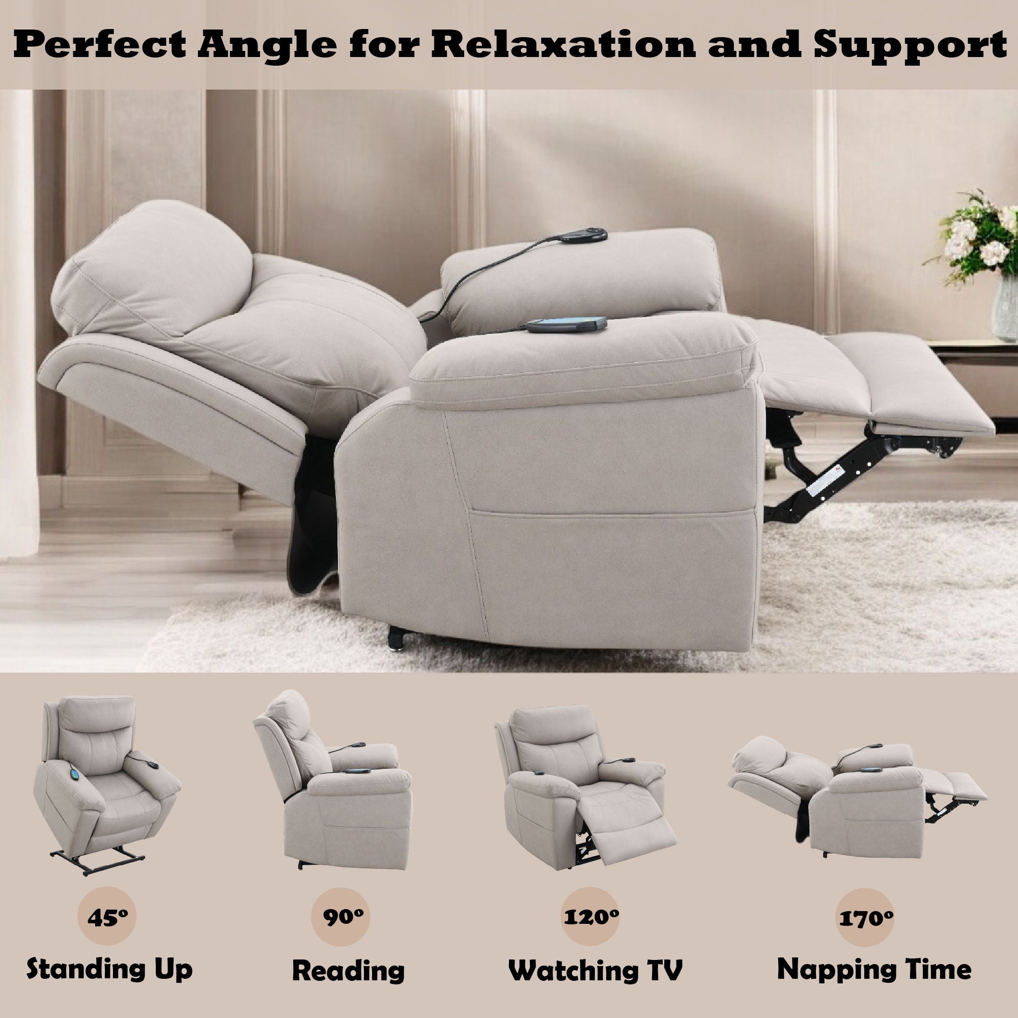Chriki - Power Motion Recliner With Lift Heating Massage Chair - Beige