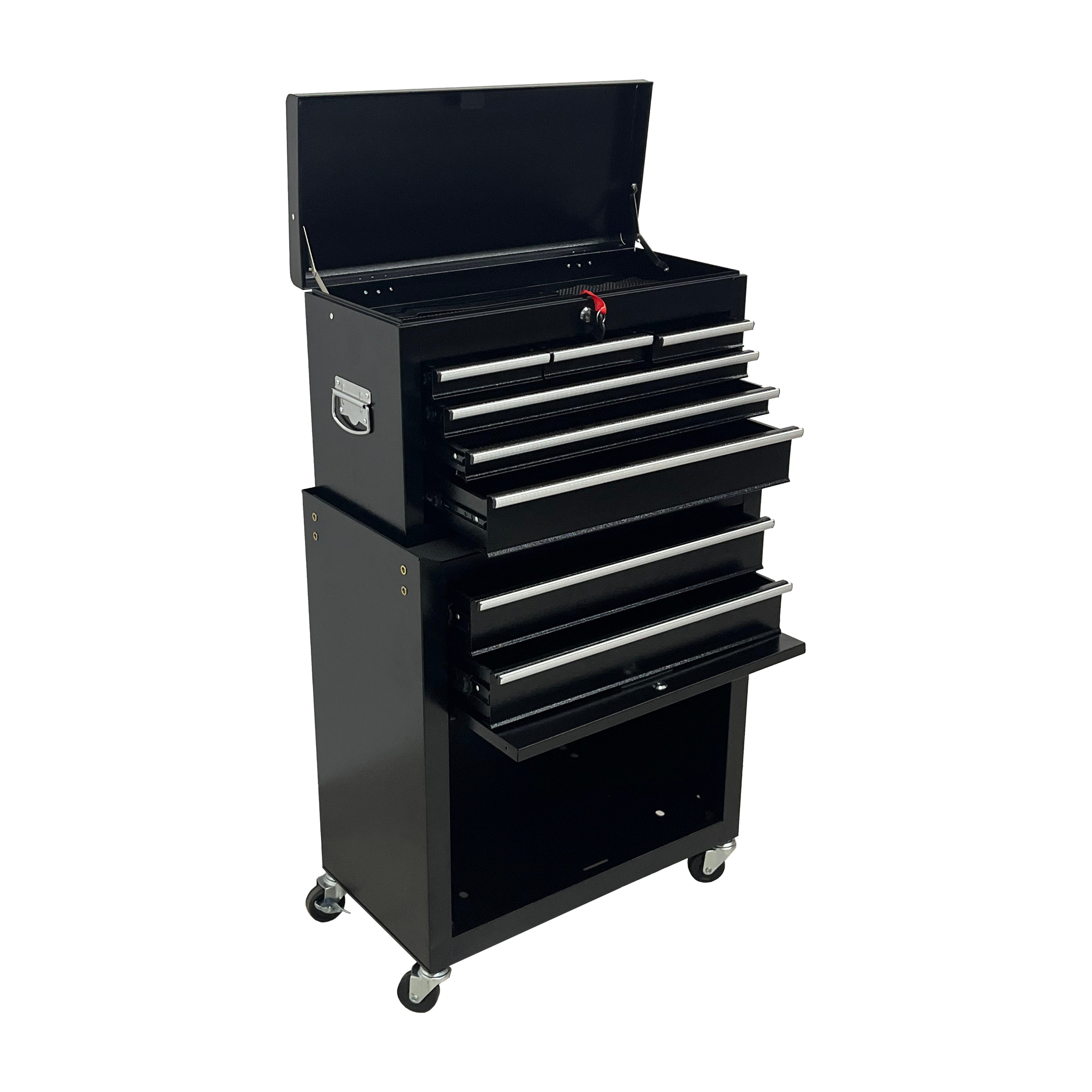 8‑Drawer High‑Capacity Rolling Tool Chest, 2‑in‑1 Detachable Top Box,Metal Tool Storage Cabinet with Drawer Liners, Lockable Wheels &  Side Hooks, Heavy‑Duty Tool Cart for Garage Workshop‑Black