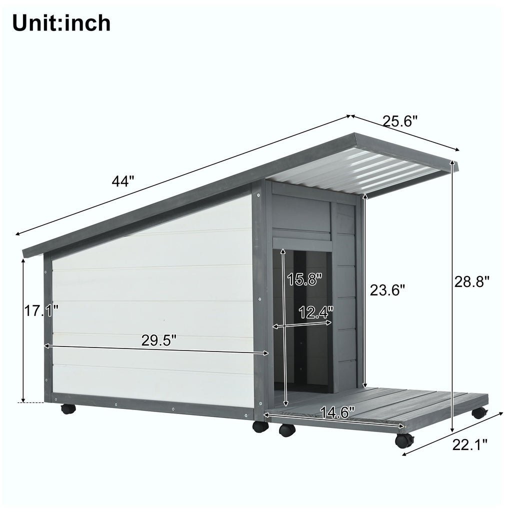 Modern Design Outdoor Dog House With Food Bowl And Wheels Pine - Gray / White