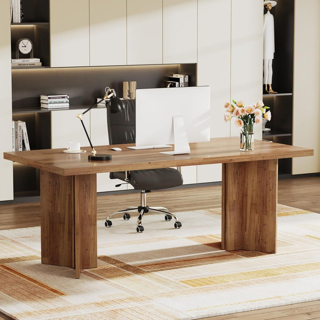 Executive Desk, Vintage Computer Workstation With Thickened Tabletop