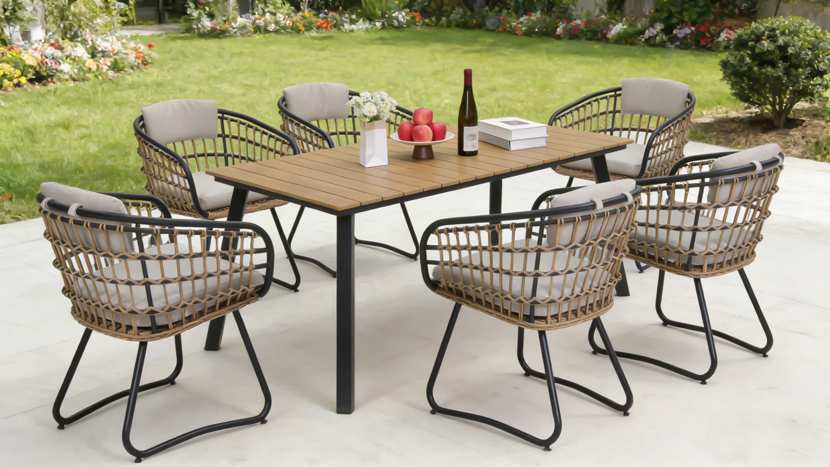 7-Piece Outdoor Wicker Dining Set with Wood-Plastic Composite Board Table