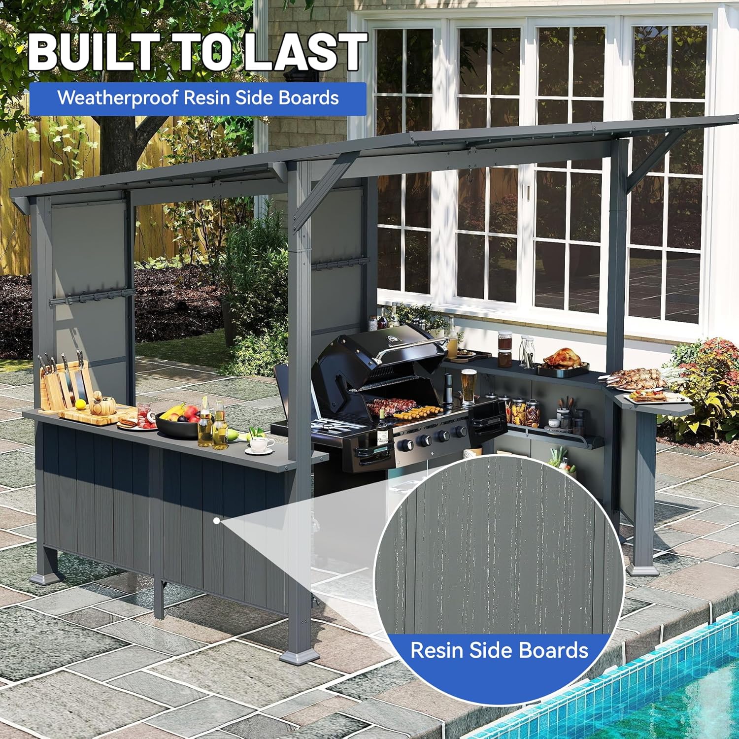 9X10FT Hardtop Grill Gazebo with Storage Shelves and Expansion Platform