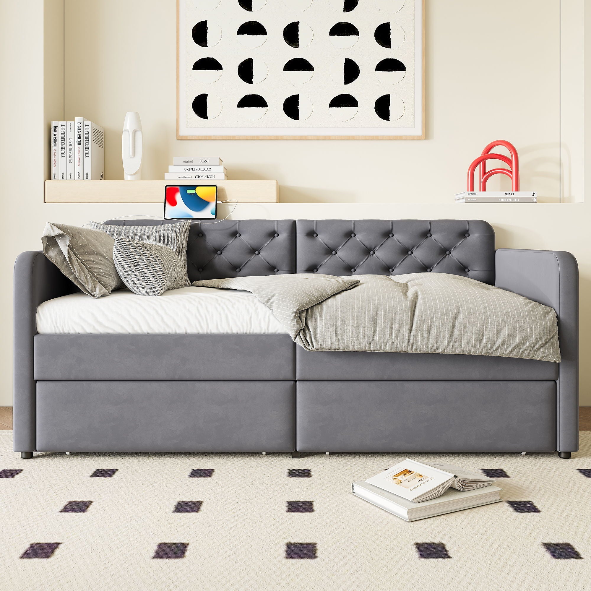 Twin Size Upholstered Daybed With 2 Storage Drawers And USB Charging Design - Gray