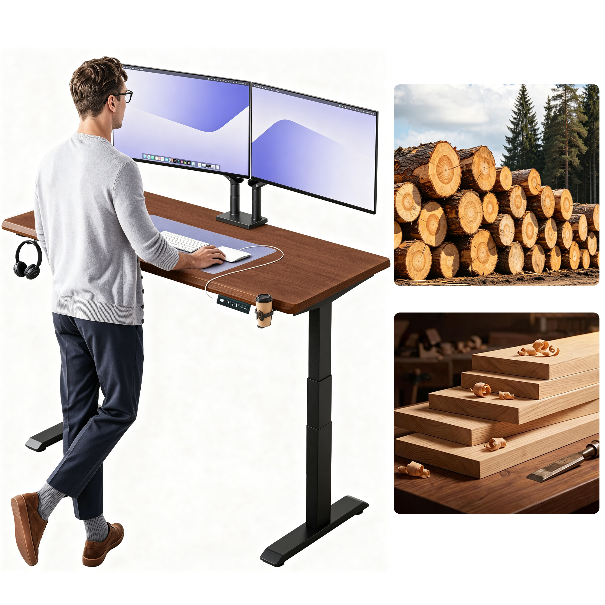 Solid Rubberwood Electric Standing Desk, Adjustable Height Sit Stand Desk with Single Motor, Ergonomic Home Office Desk with 2-Tier Legs