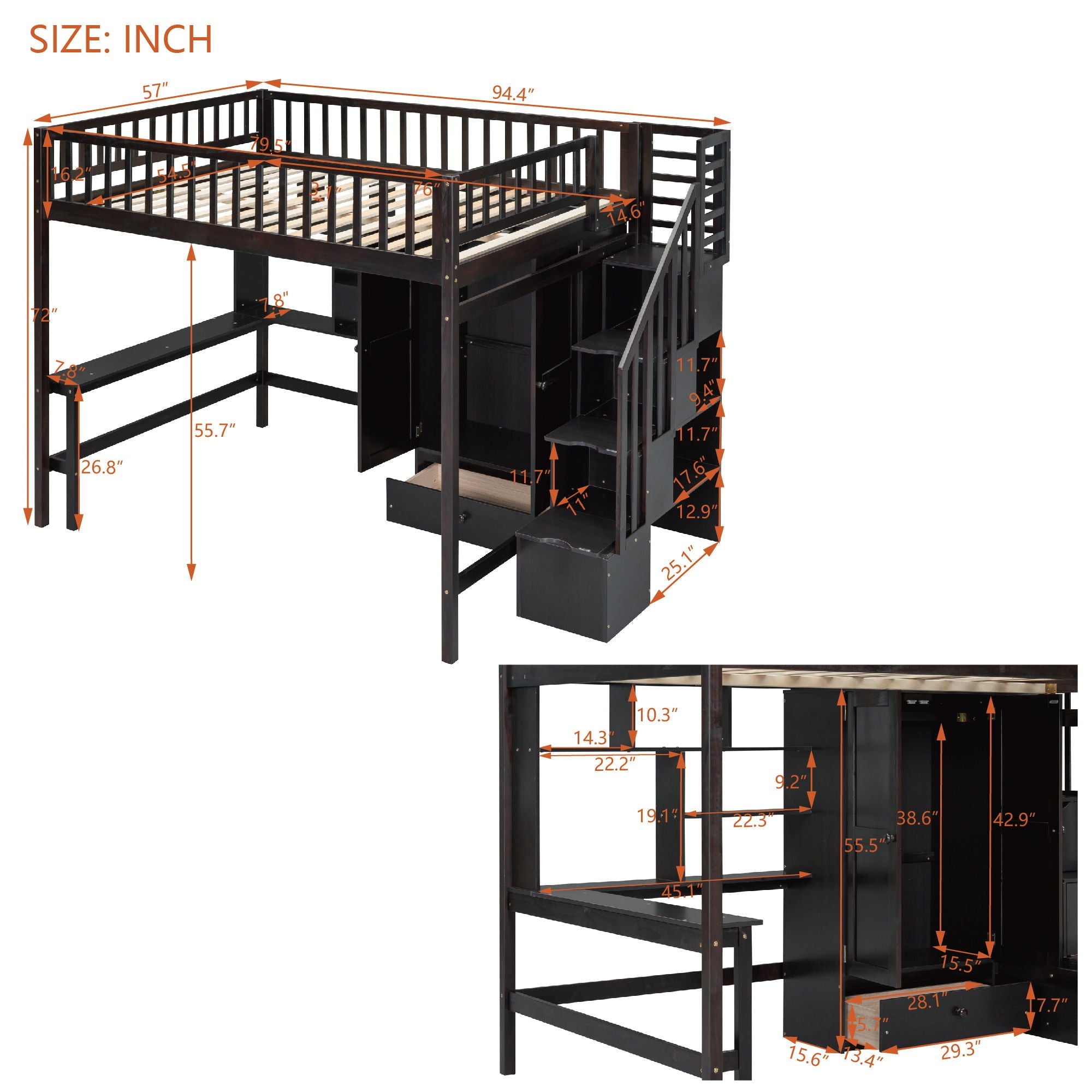 Loft Bed With Bookshelf, Drawers, Desk, And Wardrobe