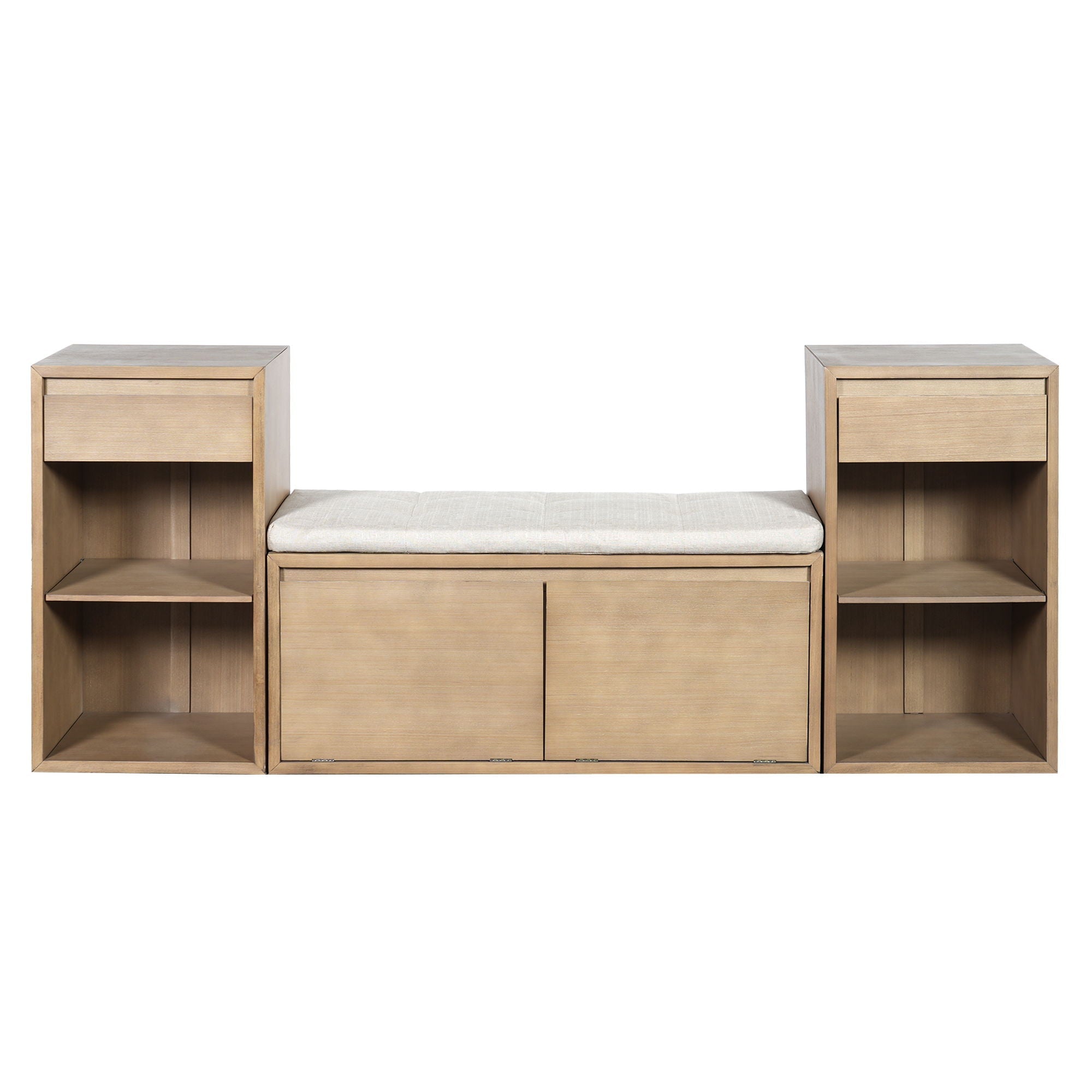 Entryway Storage Bench With Cushion, Drawers & Open Shelves