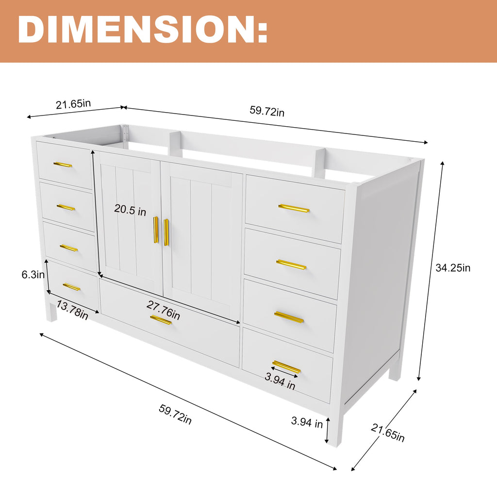 60" Bathroom Vanity Base Cabinet with Storage in White