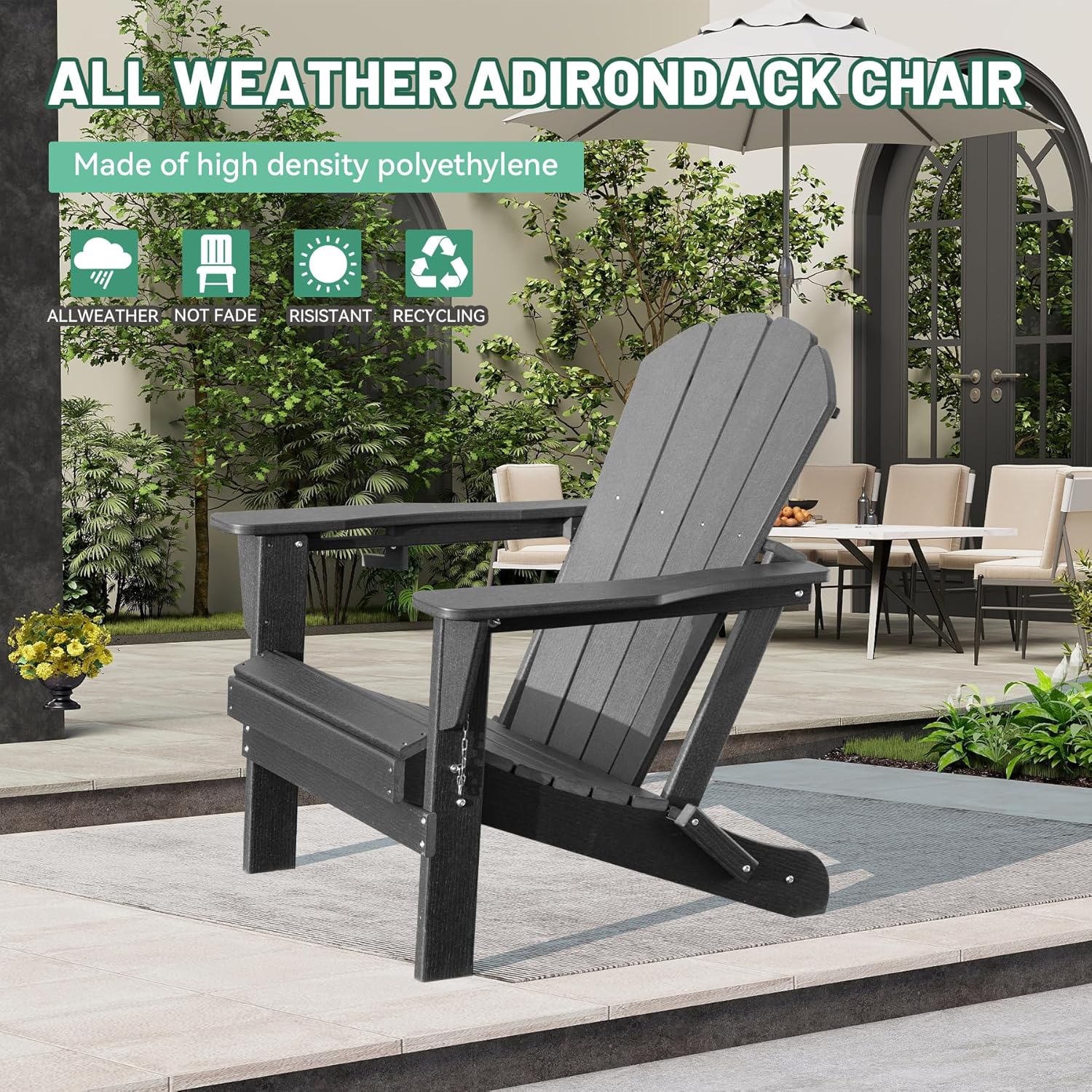 Adirondack Chair with Folding Design and Cup Holder - Gray