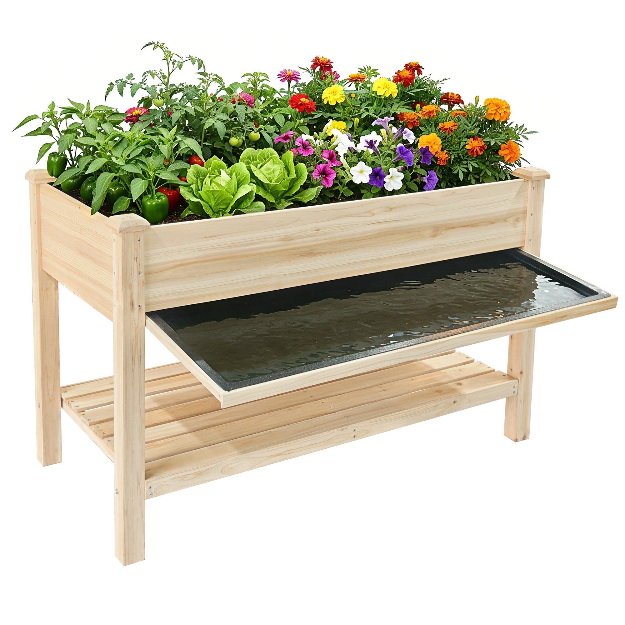 Raised Garden Bed with Water Collection Tray and Storage Shelf