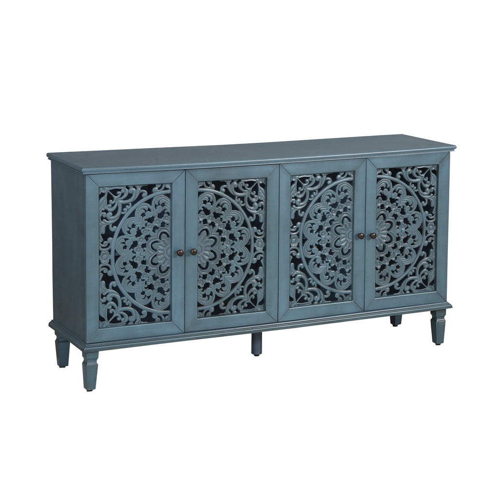 60" Antique Buffet Cabinet with Floral Carvings and Adjustable Shelves