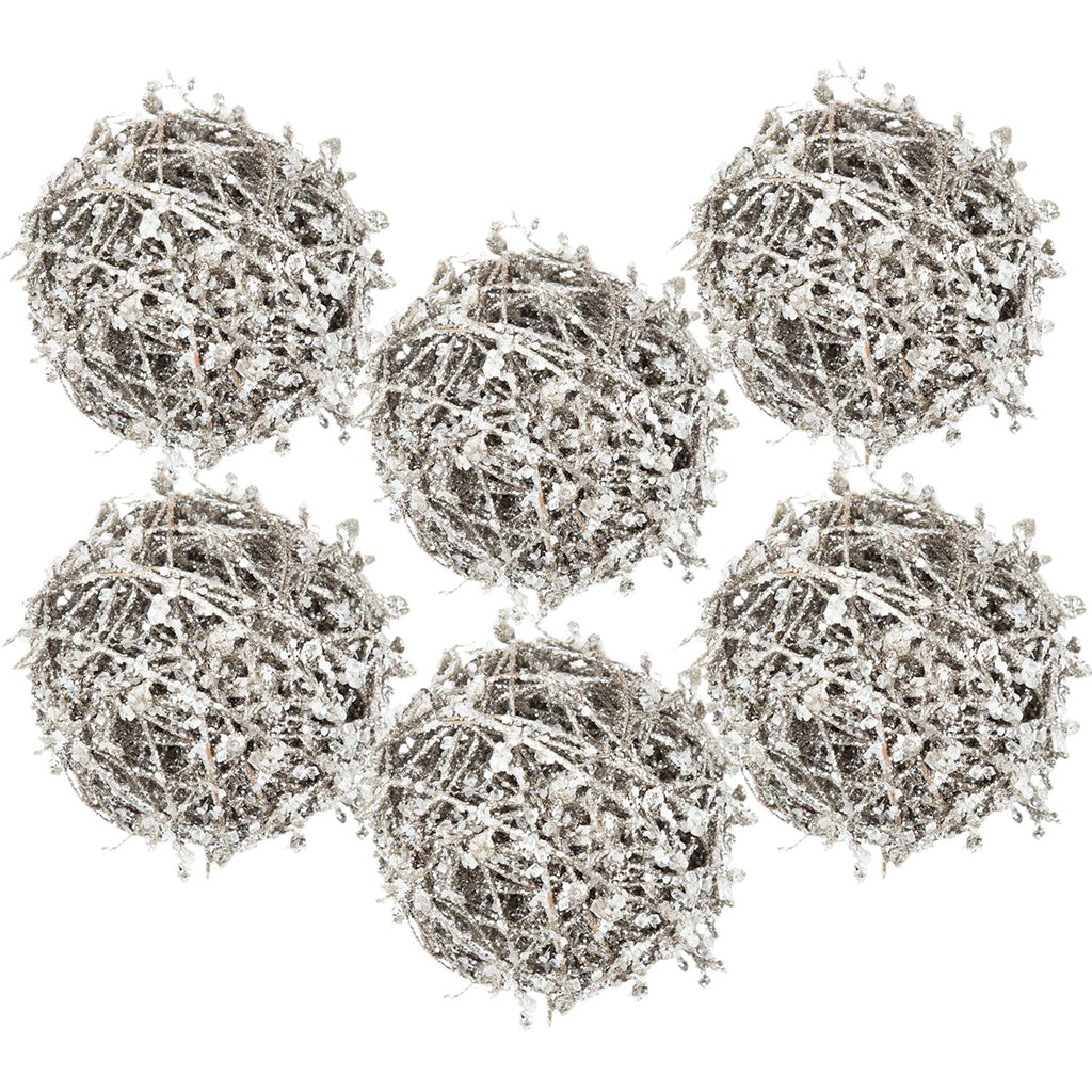 Iced Leaf/Twig Ball Christmas Tree Ornaments - Set of 4