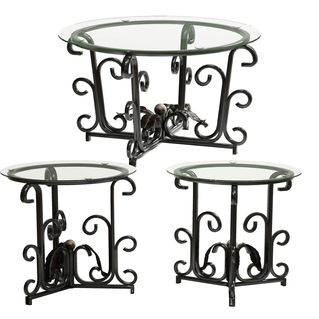 3 Piece Coffee Table Set With Tempered Glass Surface - Black