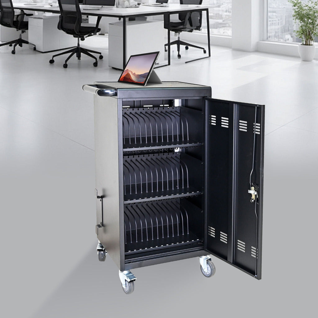 45 Bay Mobile School Charging Cart Station For Chromebook, Tablet And Laptop Computer With Power Strip Included - Black