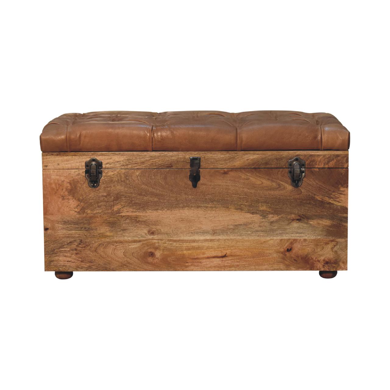 Solid Wood Buffalo Hide Oak-ish Storage Trunk, Leather Upholstered