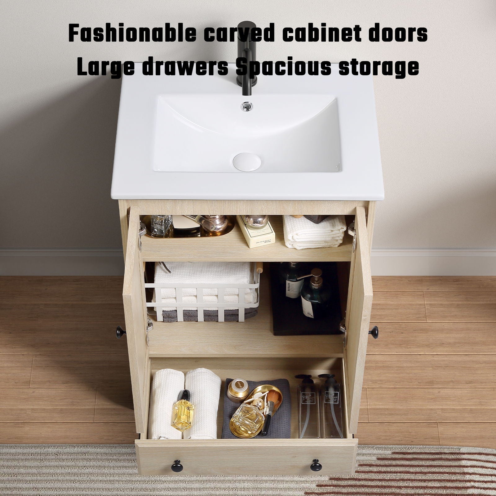 Bathroom Vanity Base, Cabinet With Carved Floral Doors - Natural Wood