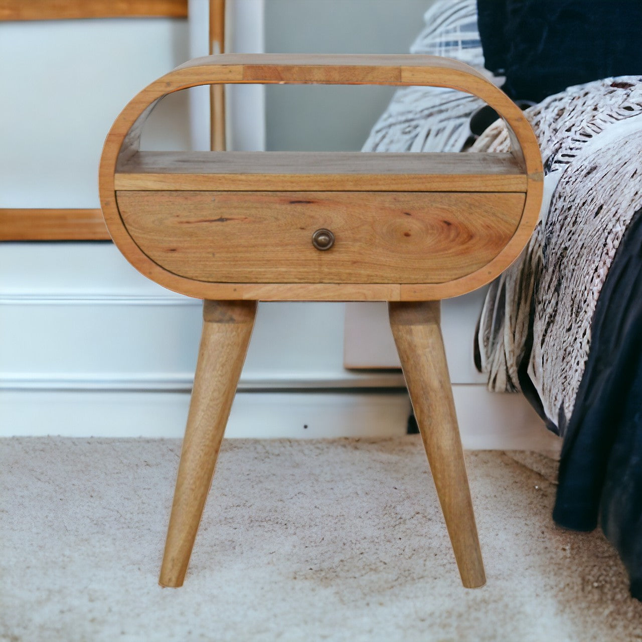 Circular Open Slot Nightstand, 1-Drawer, 1 Open Slot, Nordic Legs