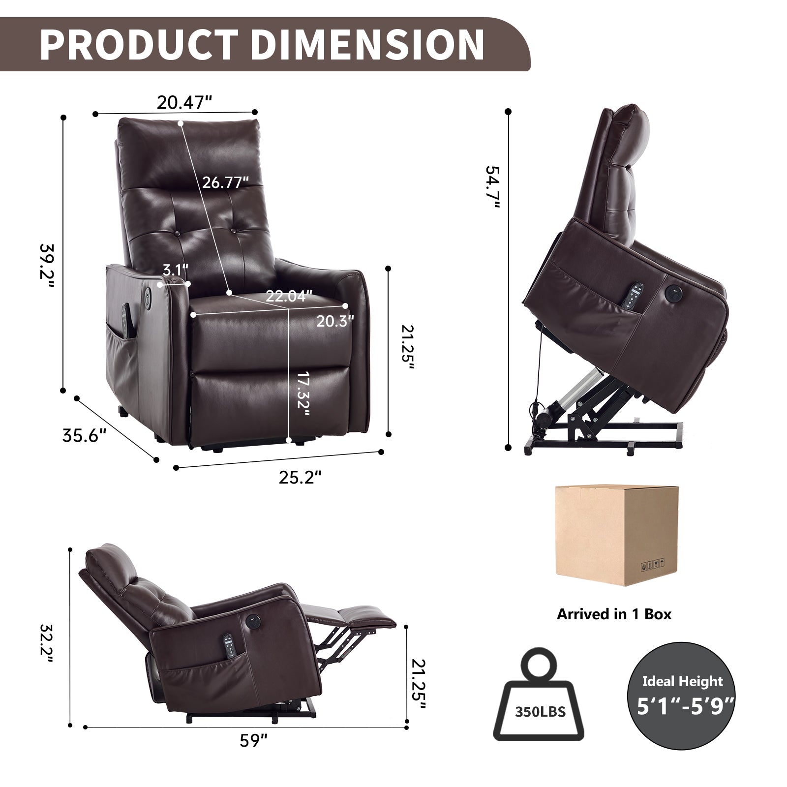Brown PU Single Motor Power Lift Recliner Chair with Massage & Heat
