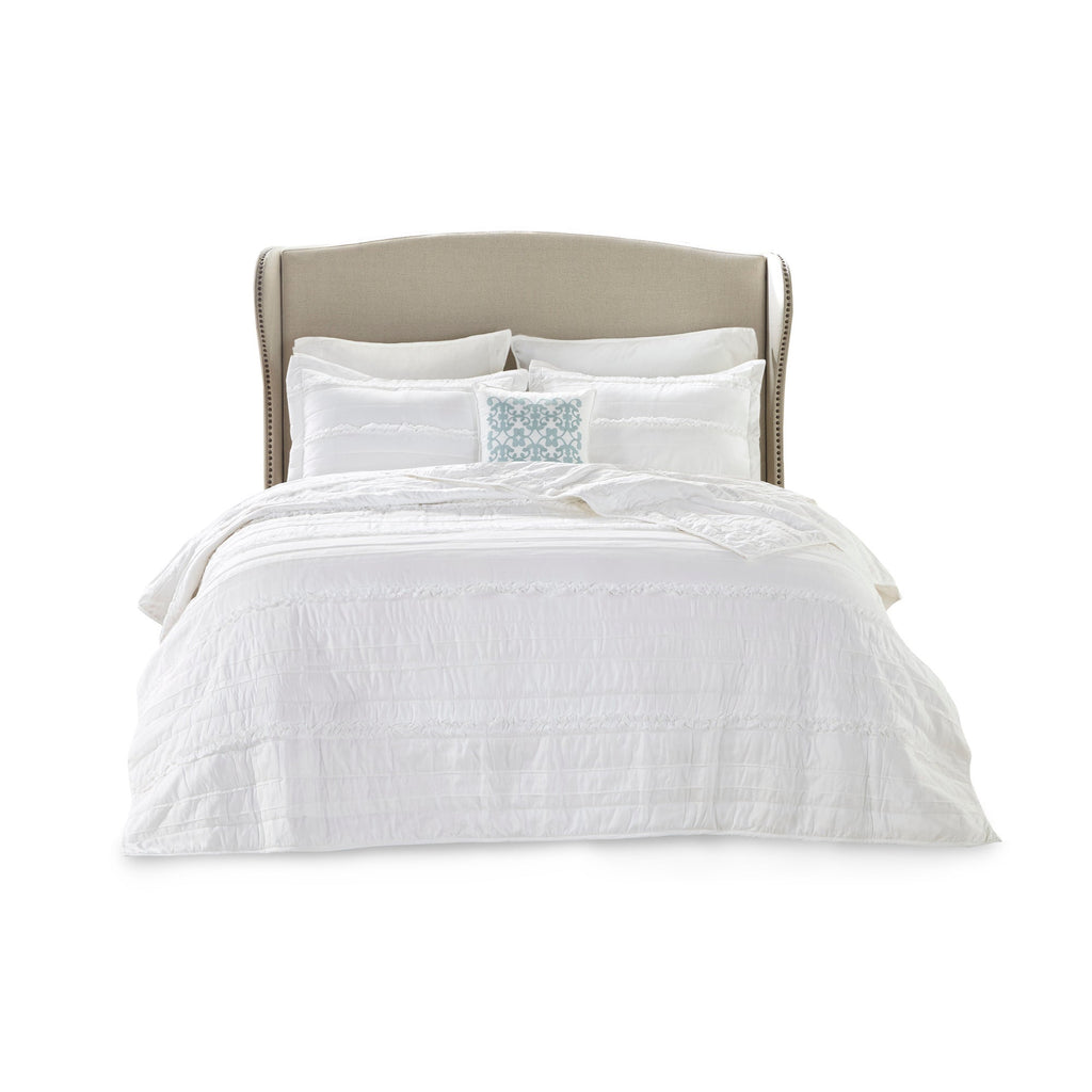 4 Piece Reversible Ruffle Quilt Set with Throw Pillow White King/Cal King