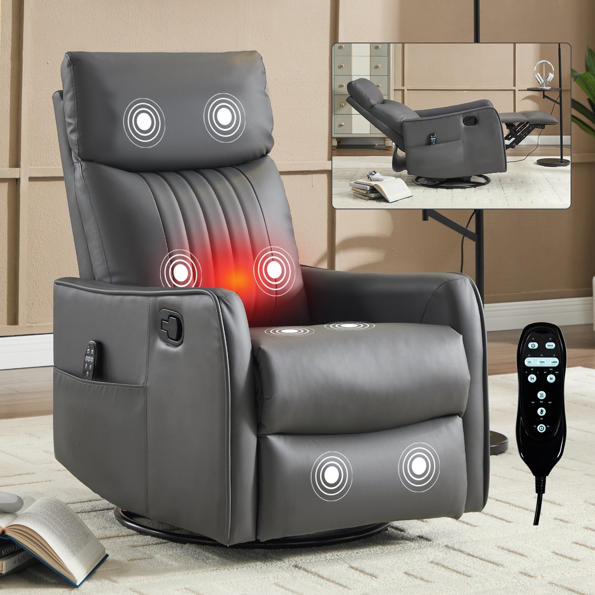 Grey Faux Leather Heat Massage Manual Recliner Chair with Rocker and Swivel