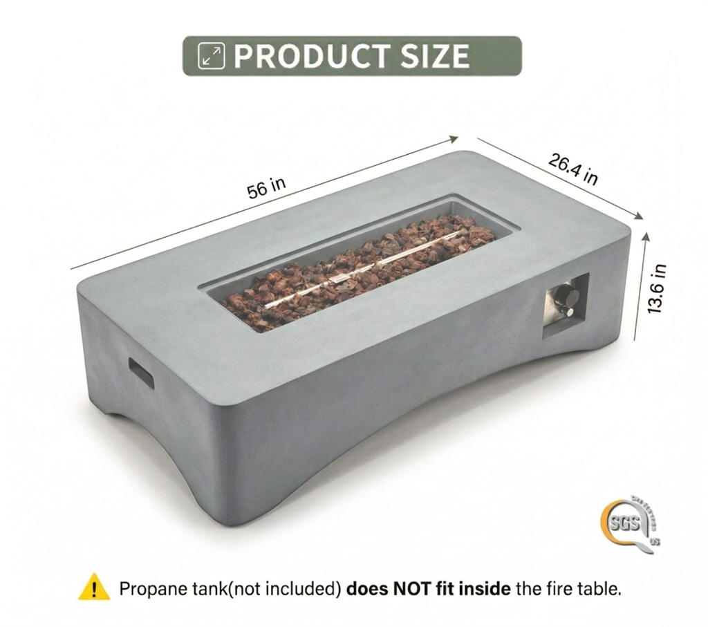 56' Propane Fire Pit Table - Rectangular Outdoor Gas Fire Pit