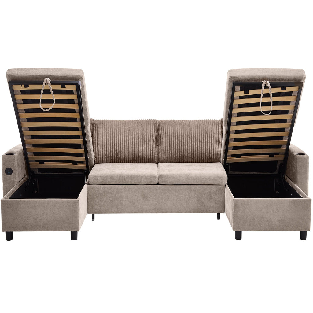Sectional Sofa Bed With Pull Out Sleeper, USB Ports, Cup Holders