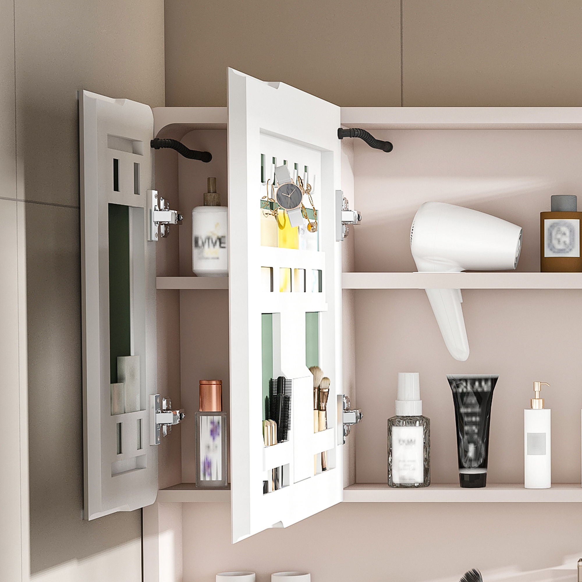 Aluminium Medicine Cabinet Mirror, With 3 Colors LED Light And Defogging Function - Khaki