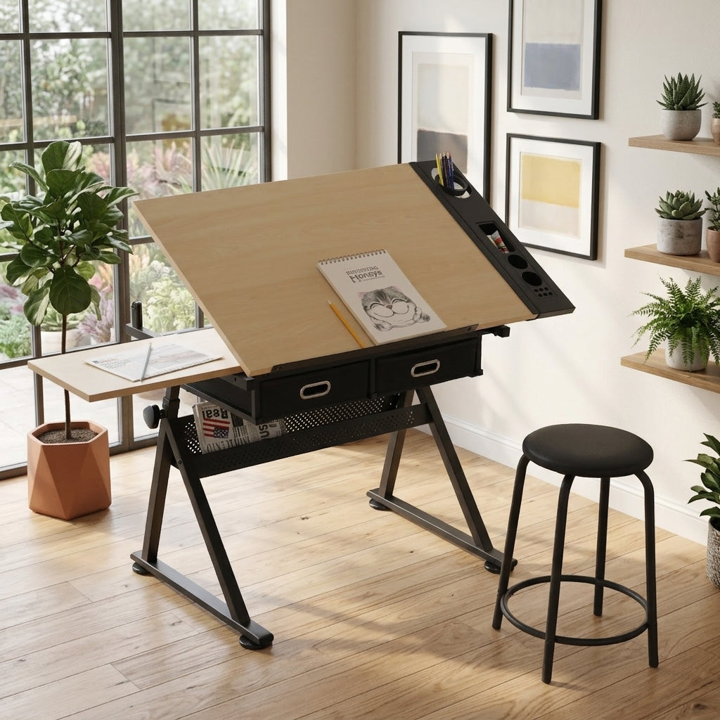 Adjustable Drawing Drafting Table Desk With 2 Drawers - Maple