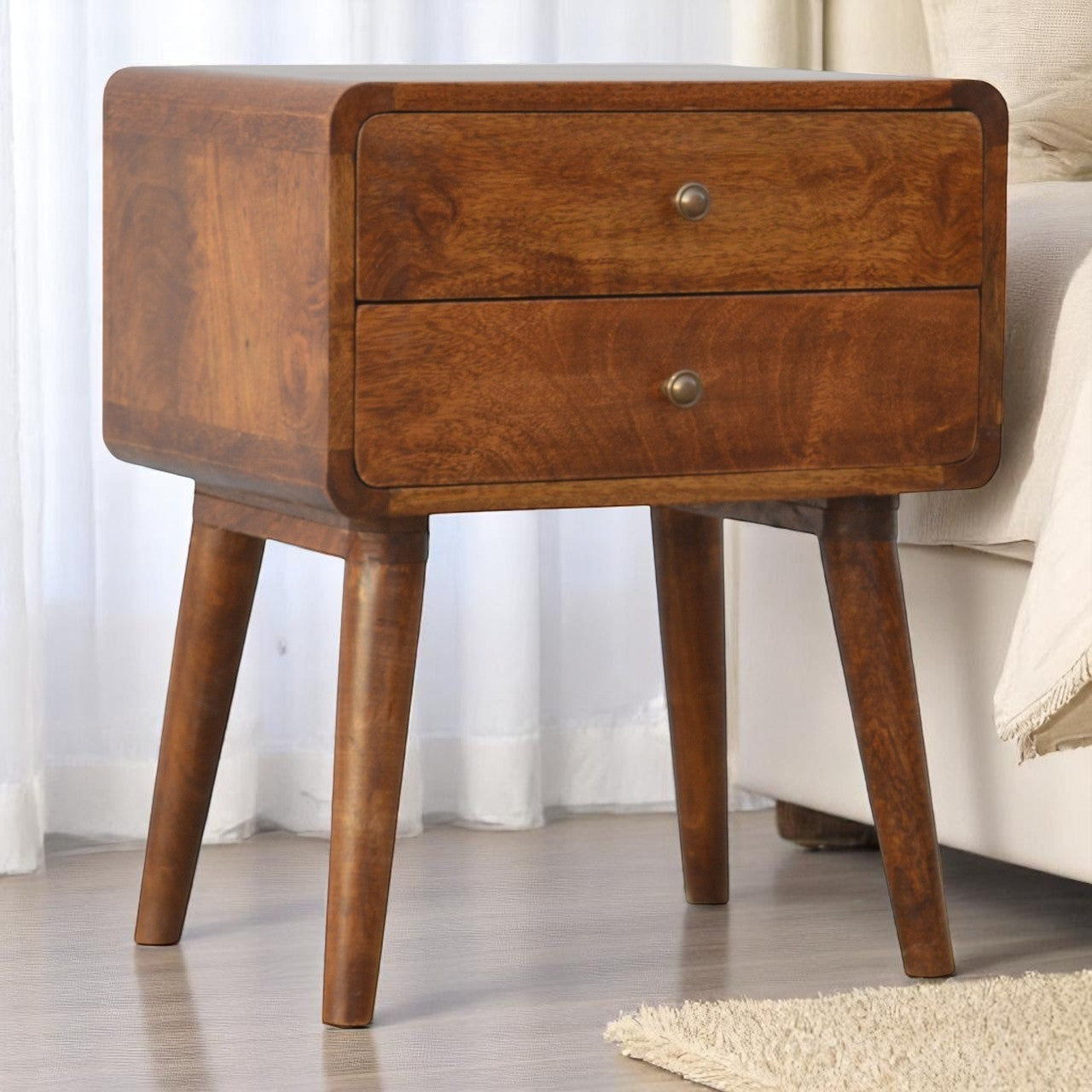 Solid Wood Curved Nightstand, 2-Drawers, Chestnut