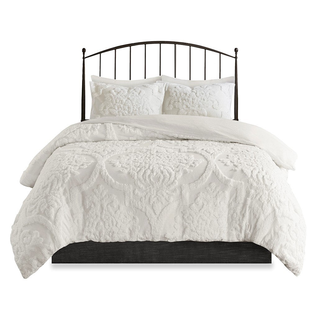 King/Cal King 3 Piece Tufted Cotton Chenille Damask Duvet Cover Set