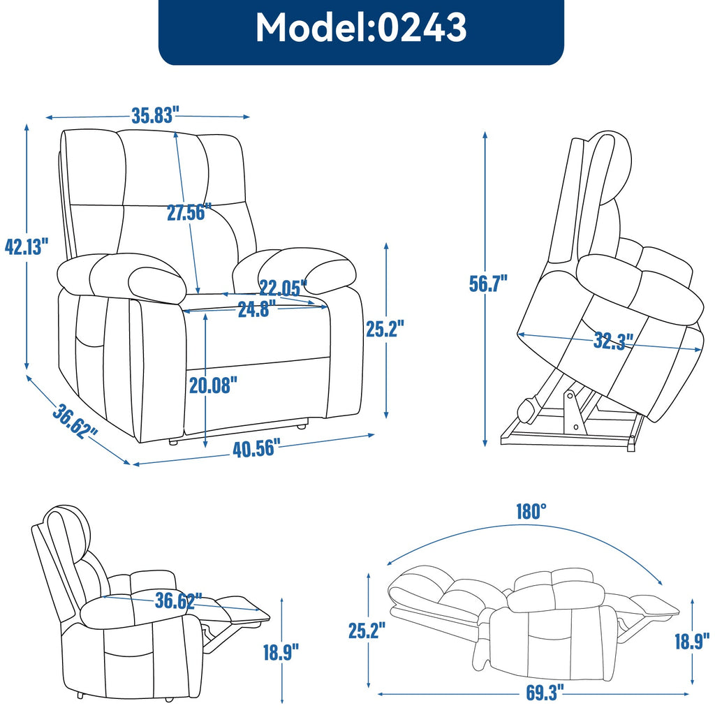 Blue Heat Massage Dual Motor Lift Recliner Chair