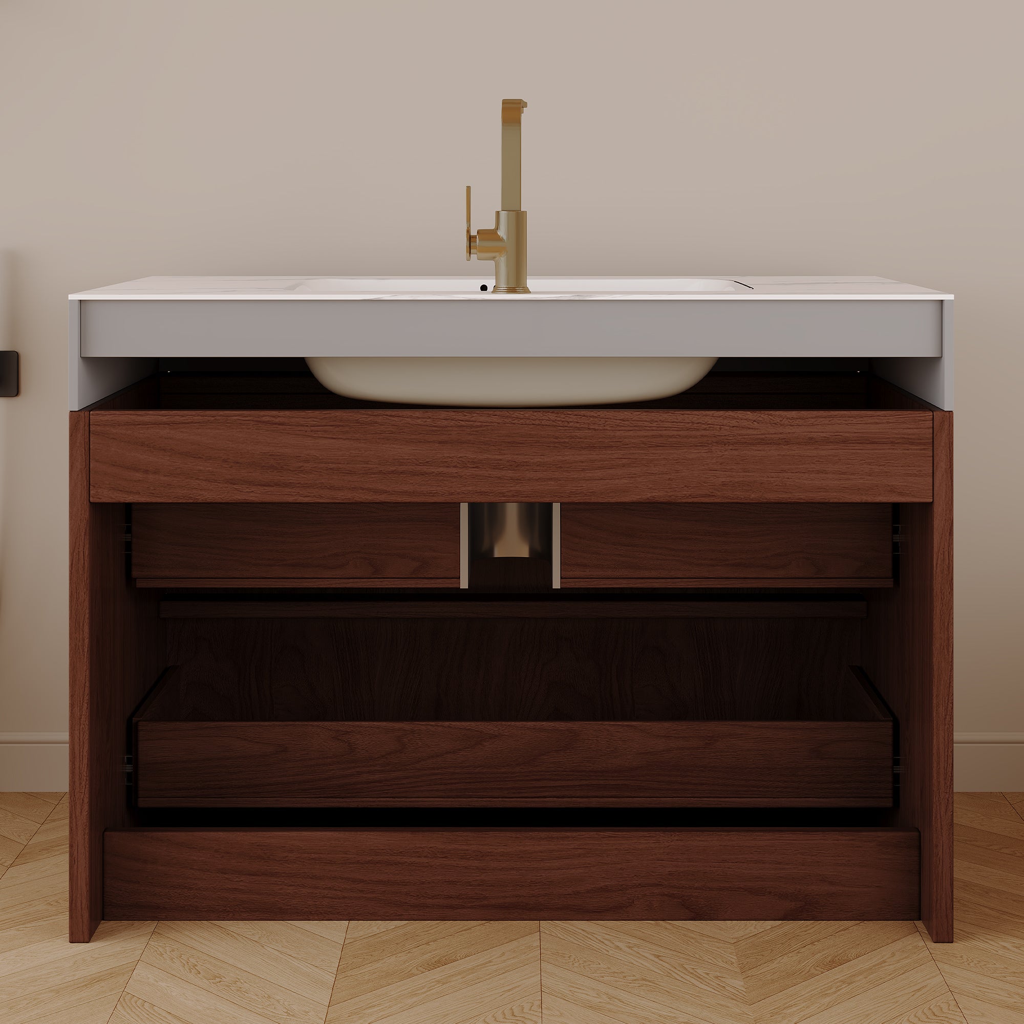 30" Modern Floating Bathroom Vanity with Seamless Sintered Stone Top & Ceramic Basin – 2 Soft-Close Drawers, Wall-Mounted