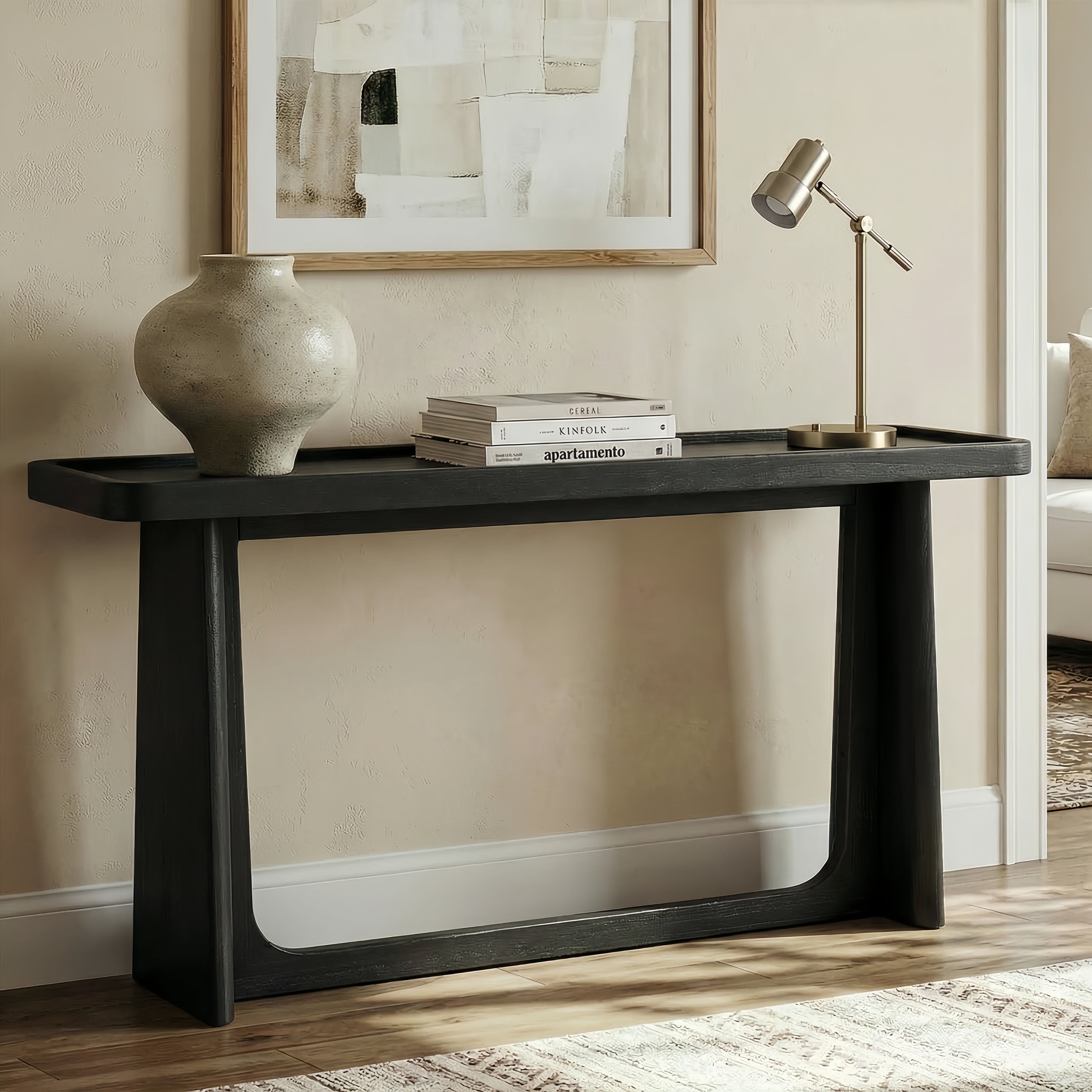 Farmhouse Console Table with Tray Top Design, Solid Wood Frame