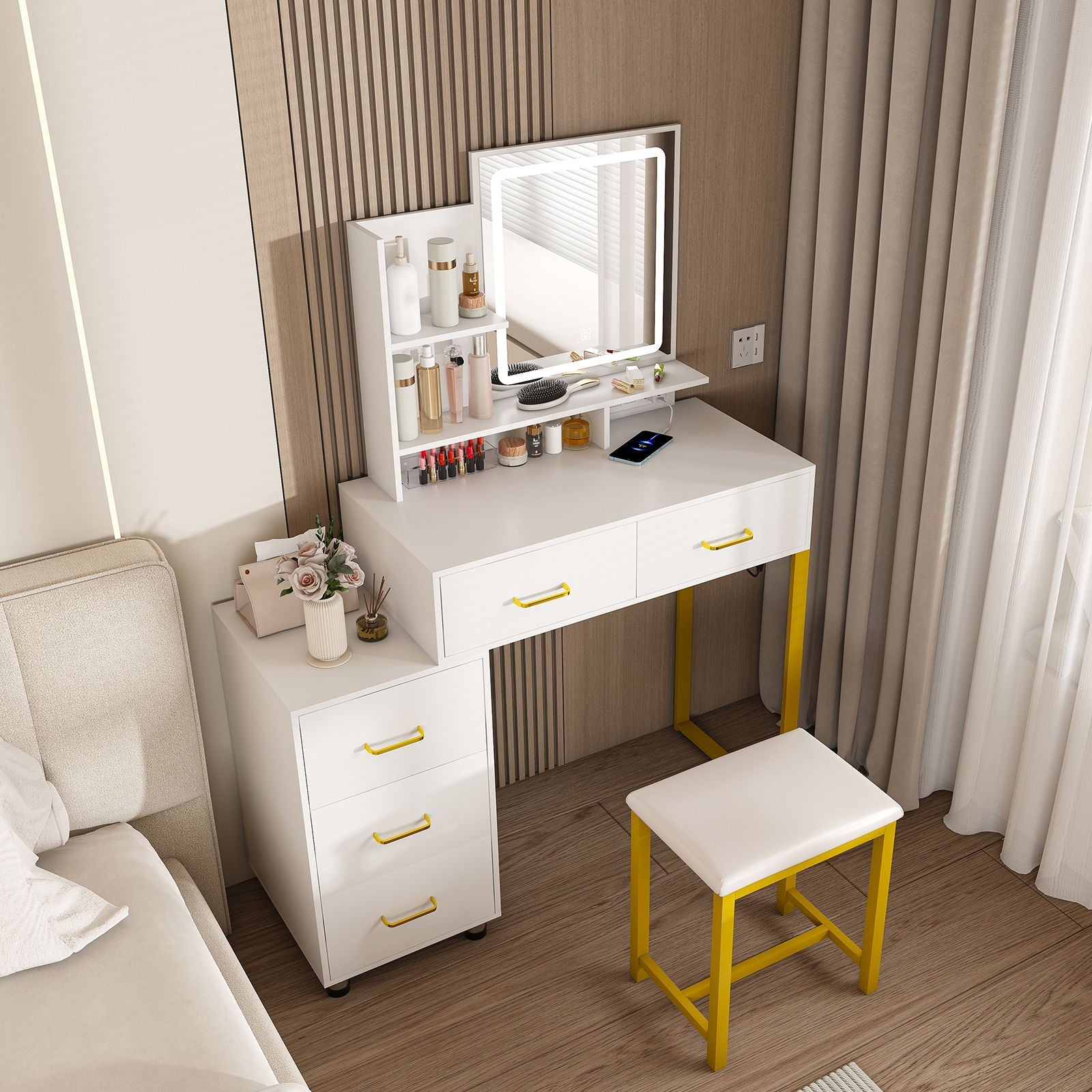 Elegant Makeup Vanity With Led Lights & Power Outlet - White