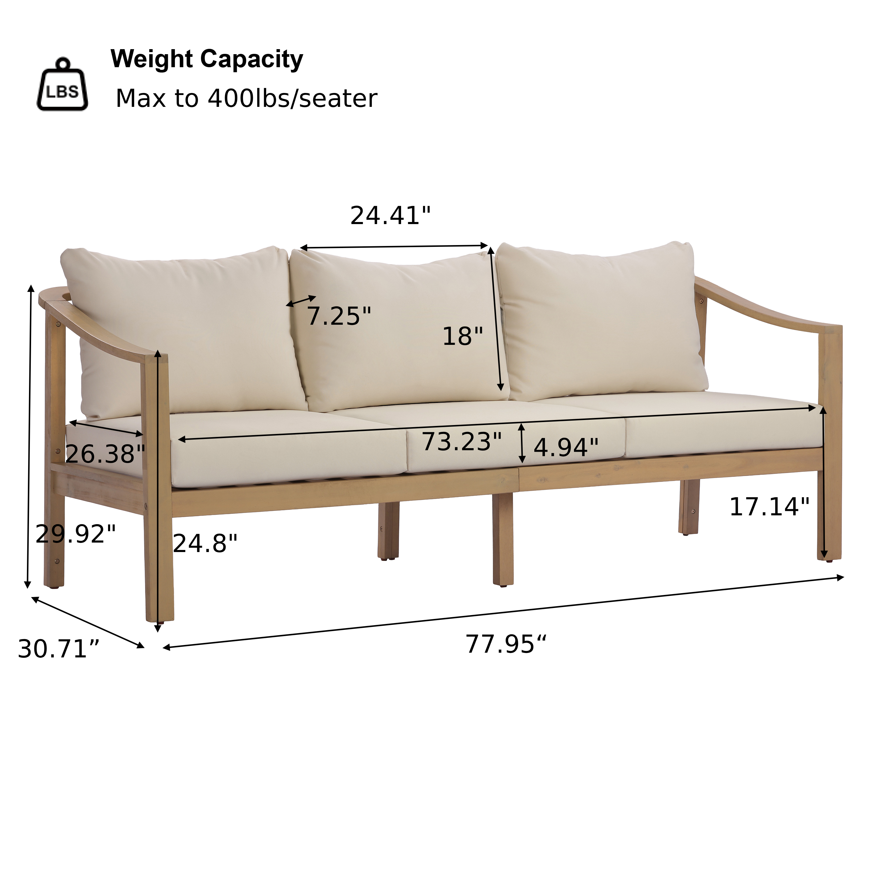 77.95" Outdoor Acacia Wood 3-Seater Sofa with Beige Cushions