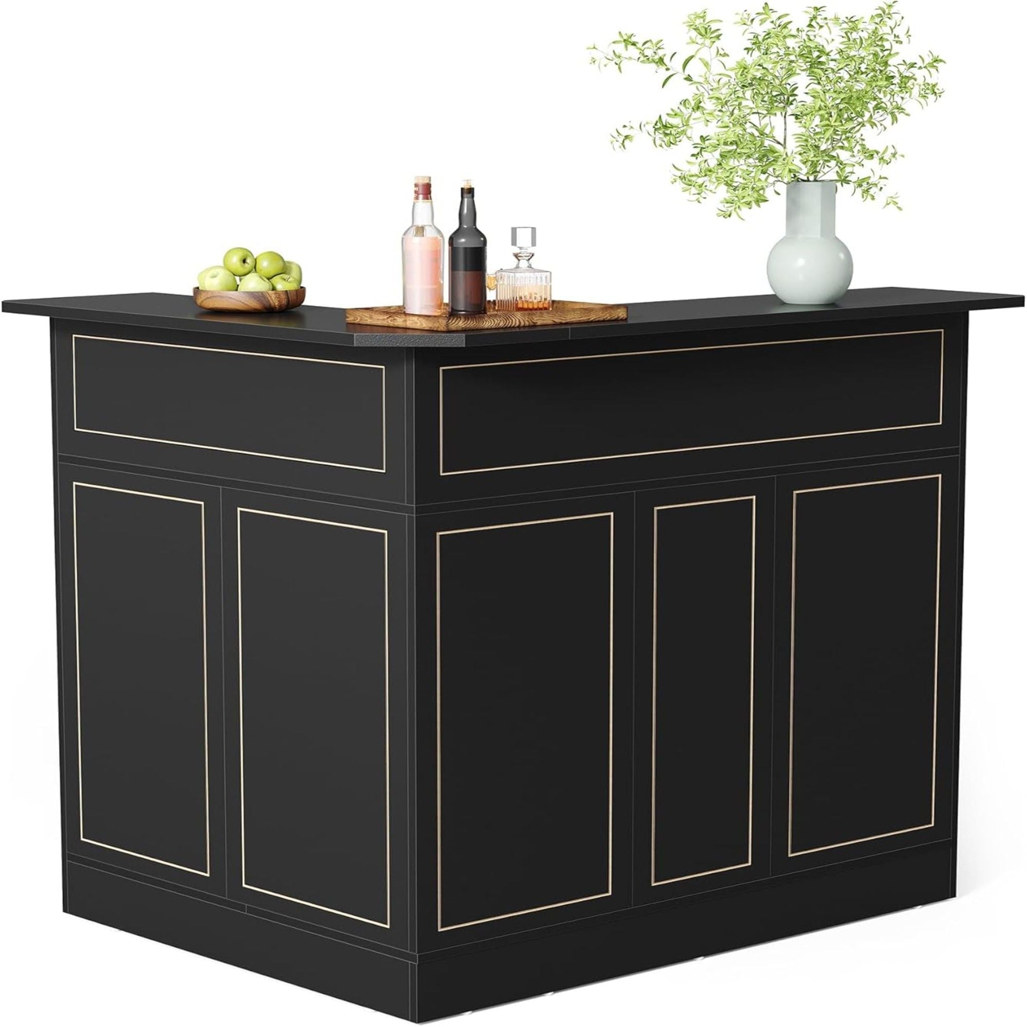 L-Shaped Home Bar Cabinet With Stemware Racks, 4 Tier Corner Unit, Liquor Wine Bar Table & Reception Desk For Home Pub - Black