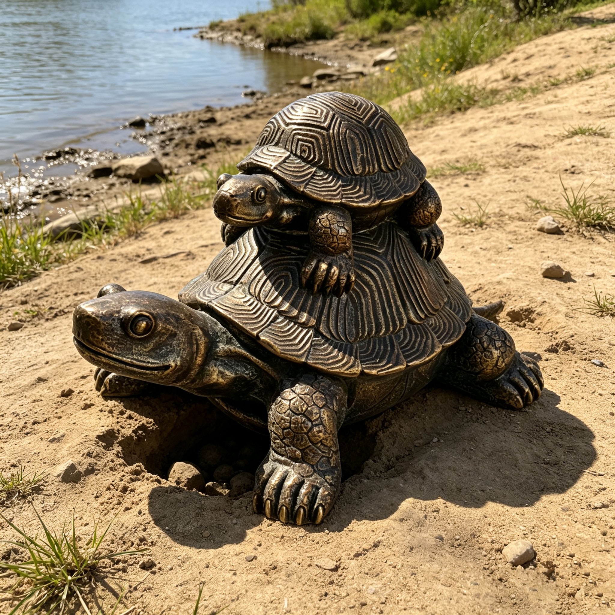 Vintage Bronze Stacked Turtle Statue