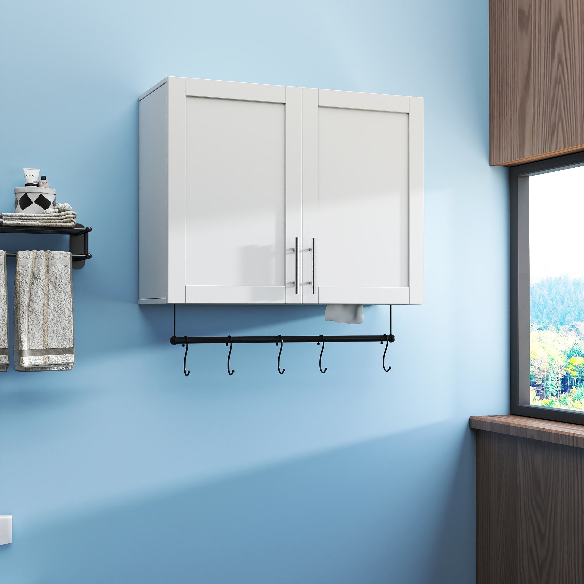 Bathroom Wall Cabinet with Adjustable Shelf, Towel Bar, and 5 Hooks
