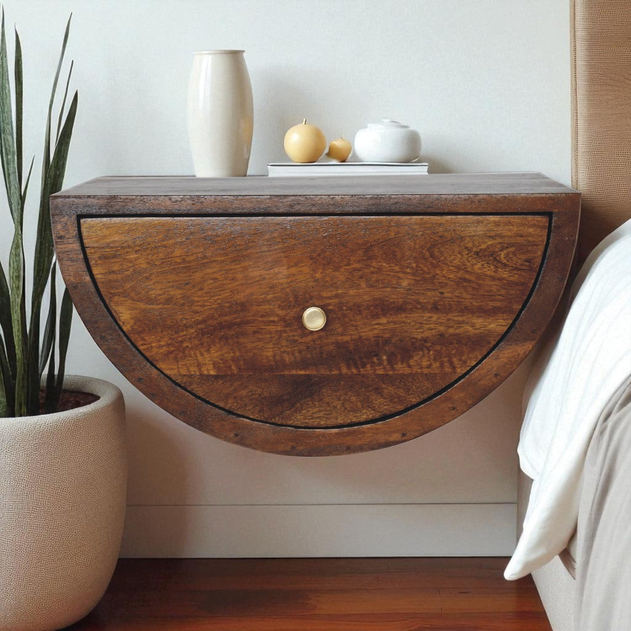 Solid Wood Chestnut Crescent Floating Nightstand