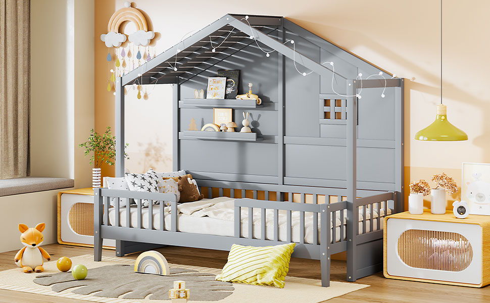 House Bed With Shelves, Window And Sparkling Light Strip On The Roof