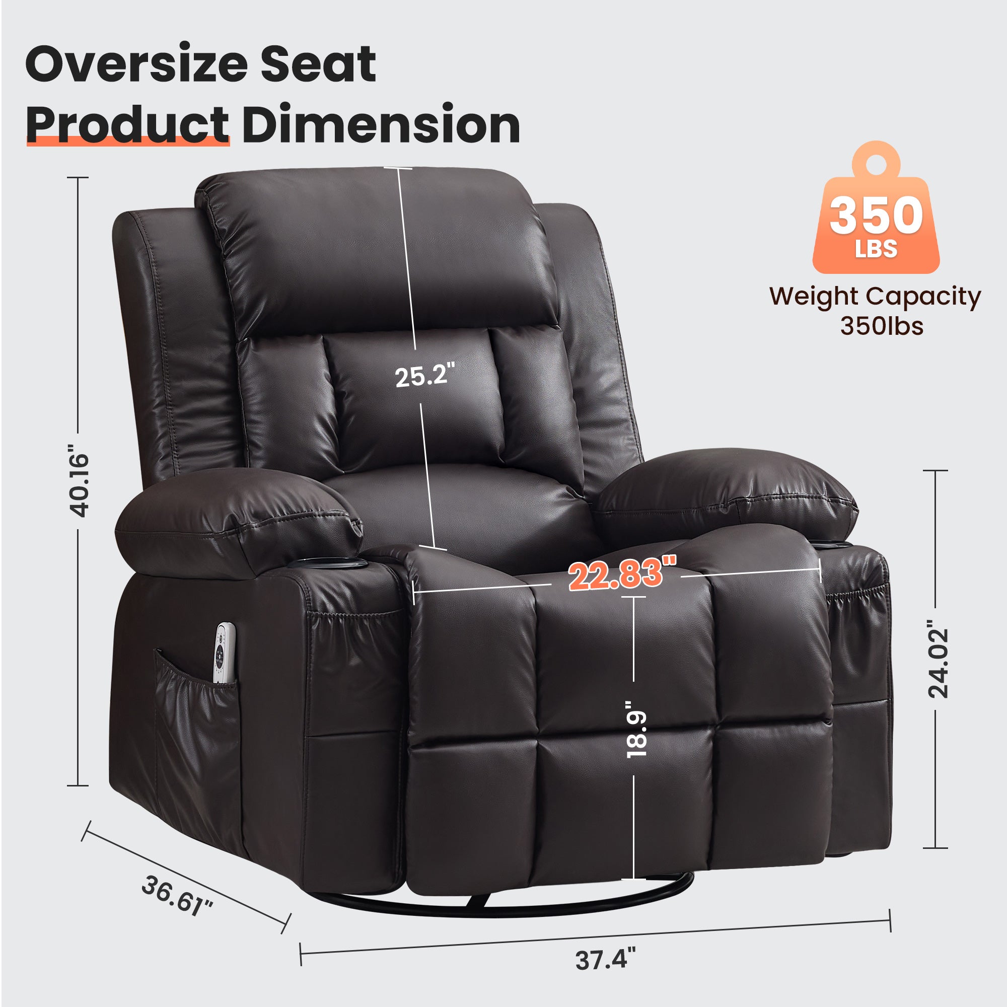 360° Swivel Rocker Recliner for Adults, Nursery Glider Recliner with Vibration Massage and Heat,Rocking Chair with Cup Holder, Manual Recliner Chair for Living Room, Bedroom (Leather,Brown)