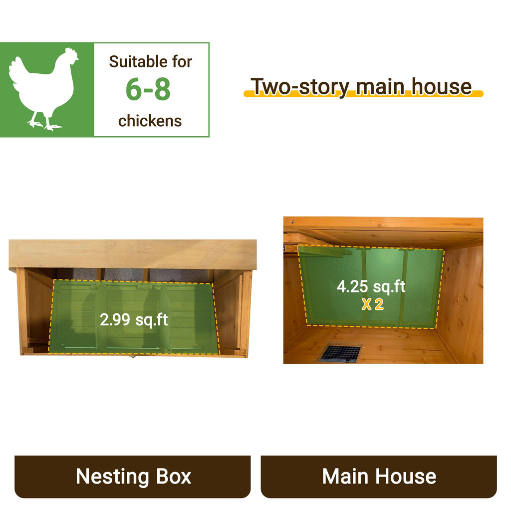 Double-House Wooden Chicken Coop for 6-8 Chickens