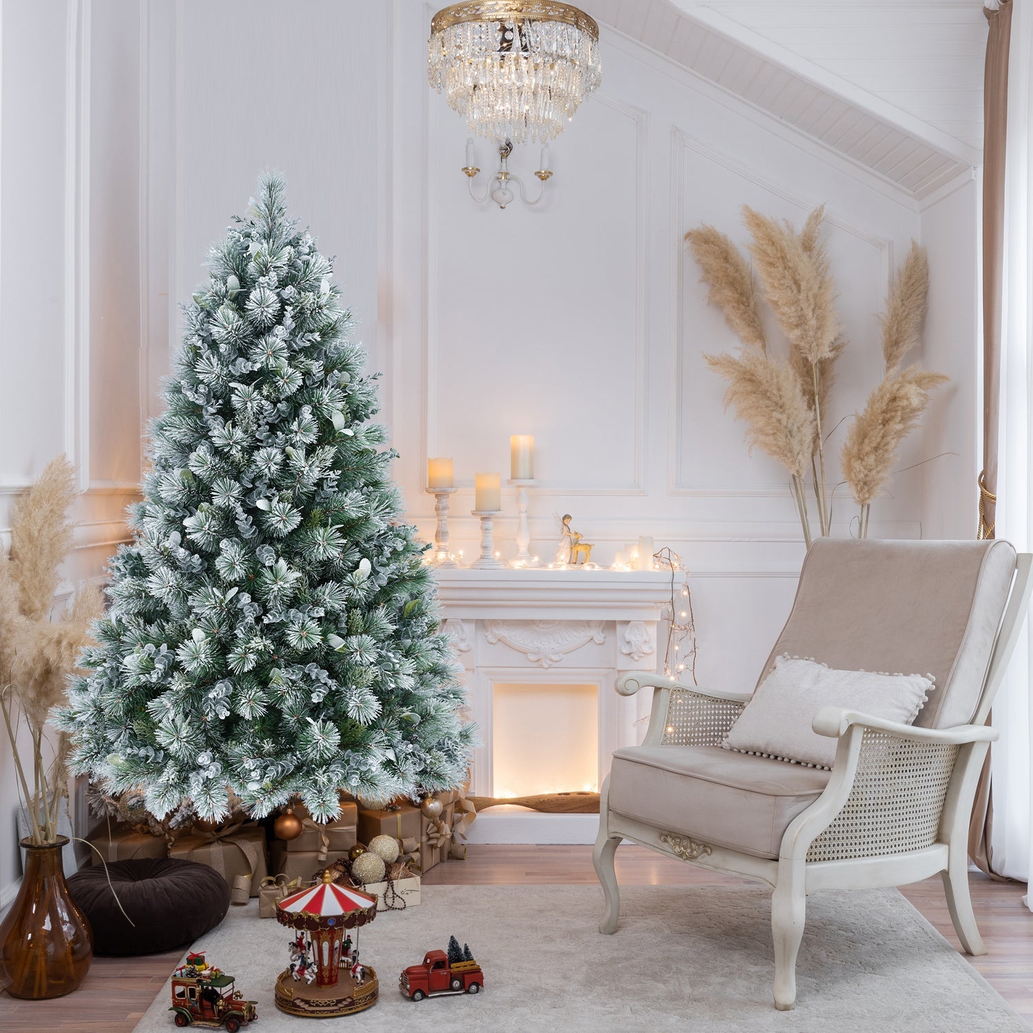4FT Flocked Christmas Tree with Pine Needles & Eucalyptus Leaves
