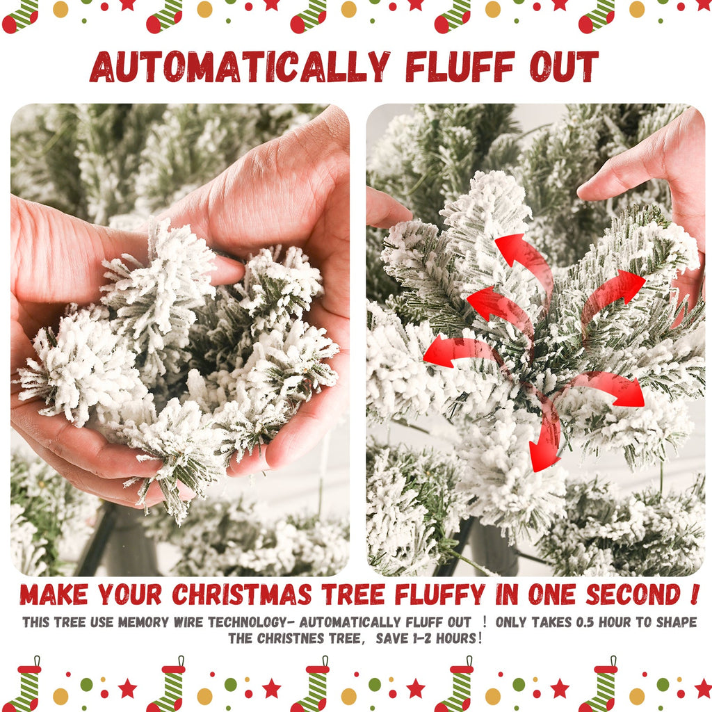 8FT Flocked Christmas Tree with 1445 Tips – Snowy PVC & Hard Needle Branches