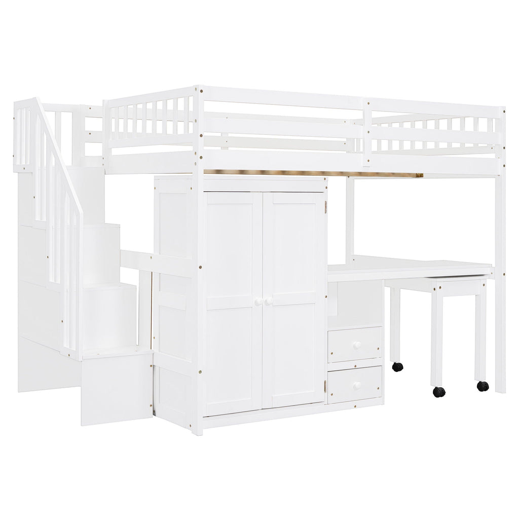 Loft Bed With Stairs, Bookshelf, Drawers, Desk & Wardrobe, Space Saving Multifunctional Furniture