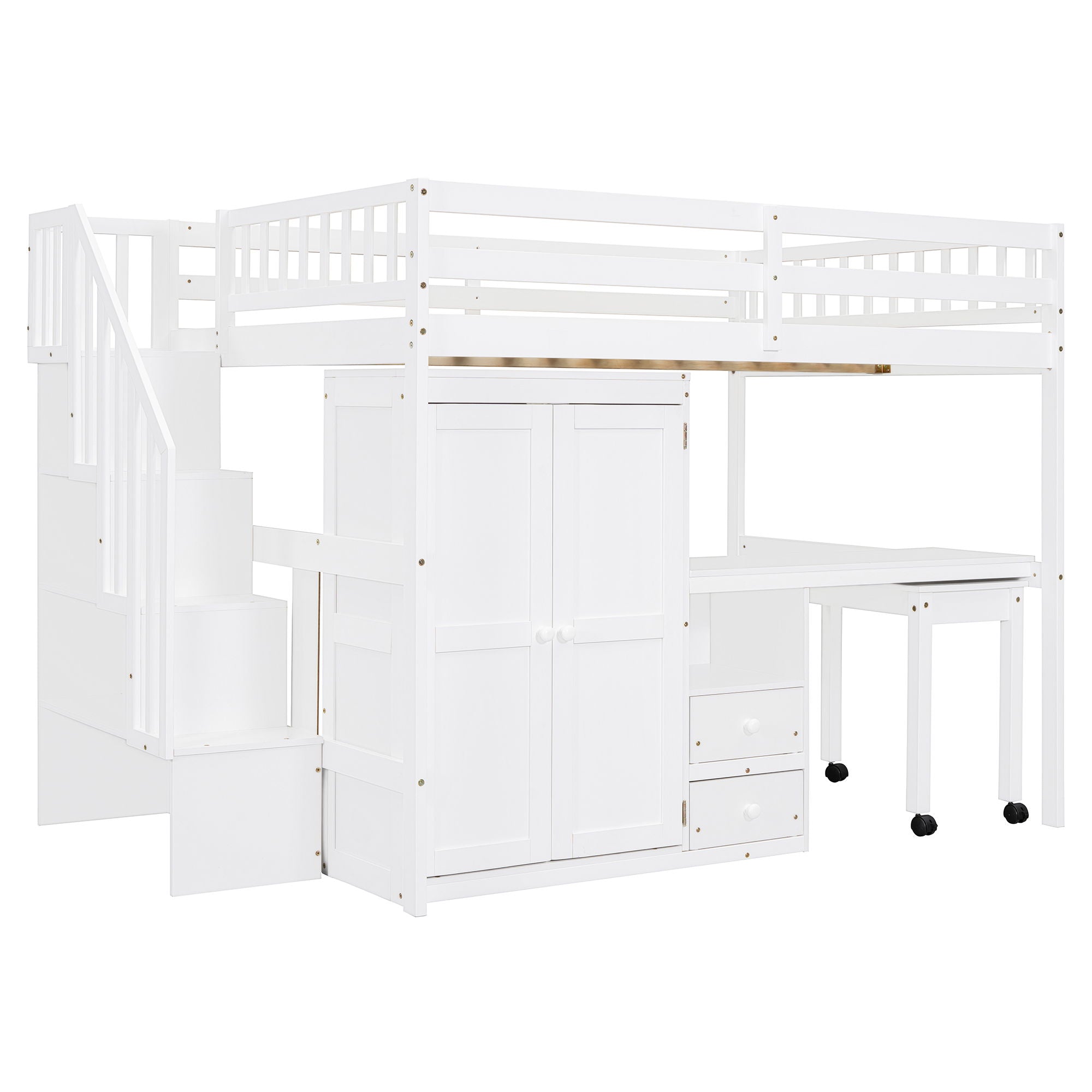 Loft Bed With Stairs, Bookshelf, Drawers, Desk & Wardrobe, Space Saving Multifunctional Furniture