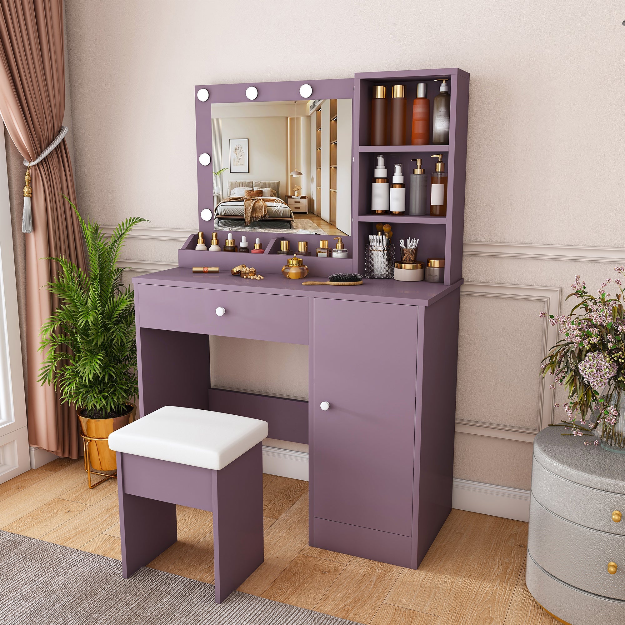 Stylish Vanity Desk Set with Padded Stool & Adjustable Lighted Mirror