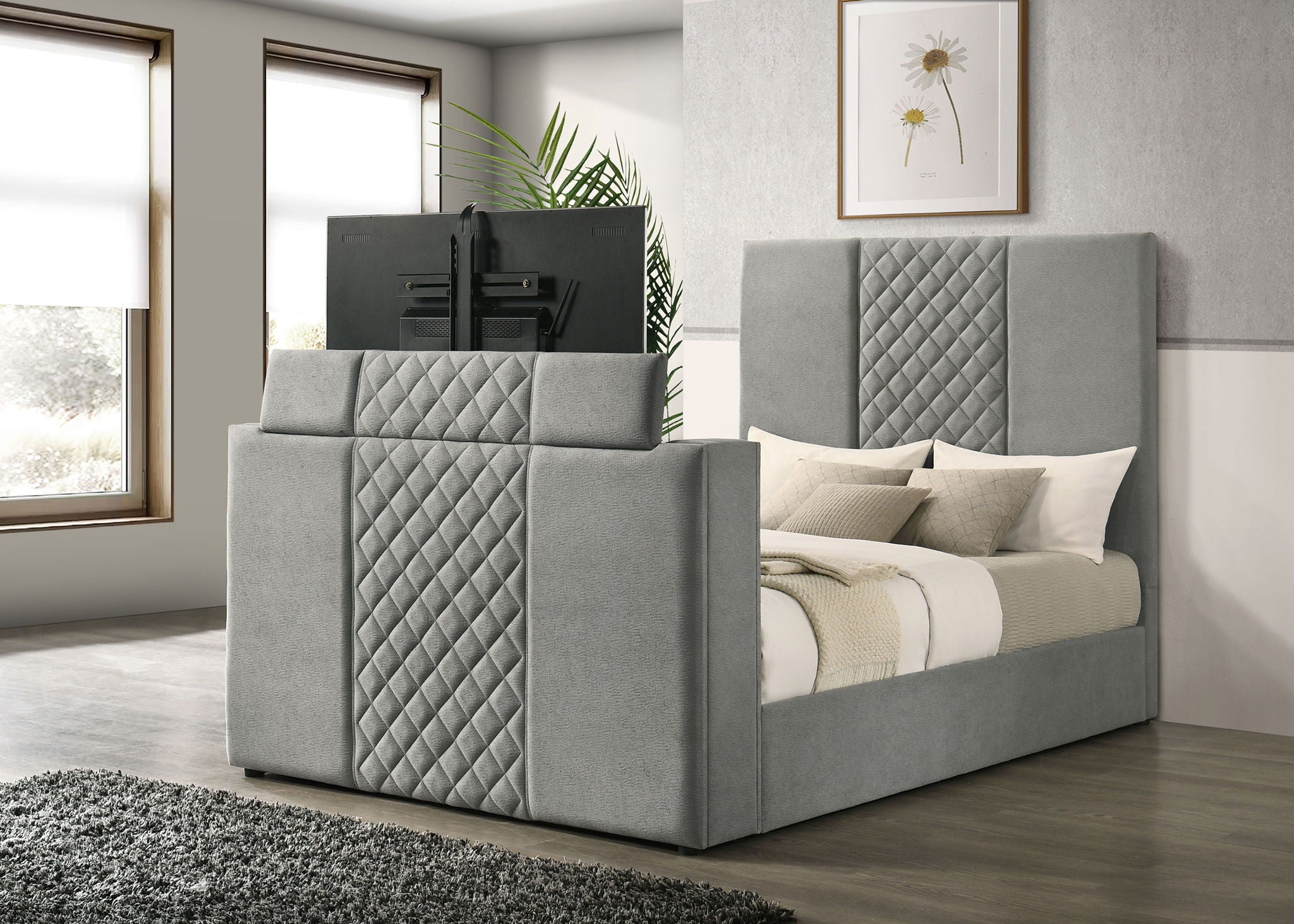Tara 61-inch Upholstered Queen Panel TV Bed Grey